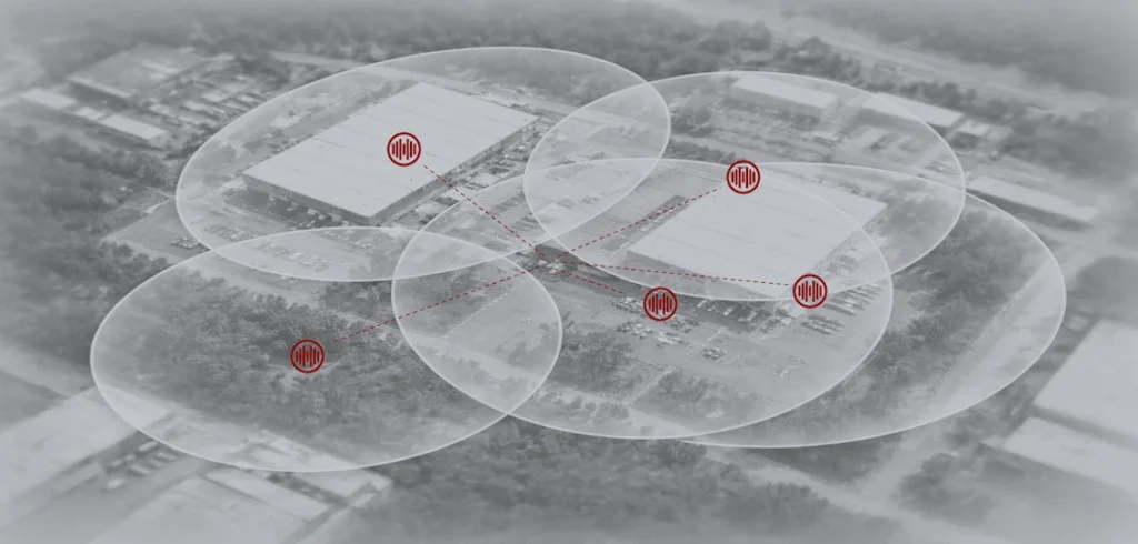 Overlapping acoustic detection zones of a SPHEAR sensor network around an industrial site